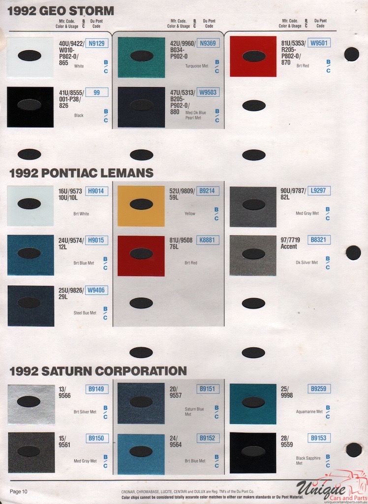 1992 GM GEO LeMans Saturn Paint Charts DuPont 3